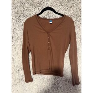 Old Navy Women Ribbed Brown V Neck Long Sleeve Button Up Henley Top Size S